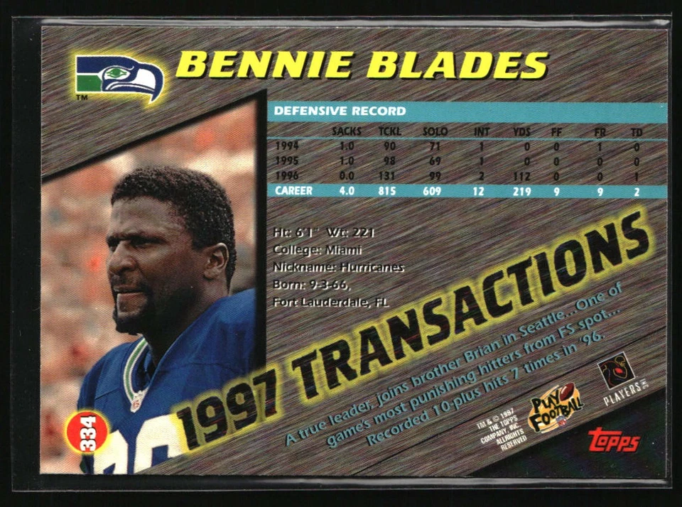 1997 Stadium Club #334 Bennie Blades - Image 2 of 2