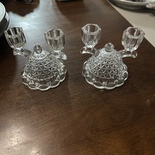 VTG Pair of Pressed glass Diamond Pattern Double Arm Candle Holders