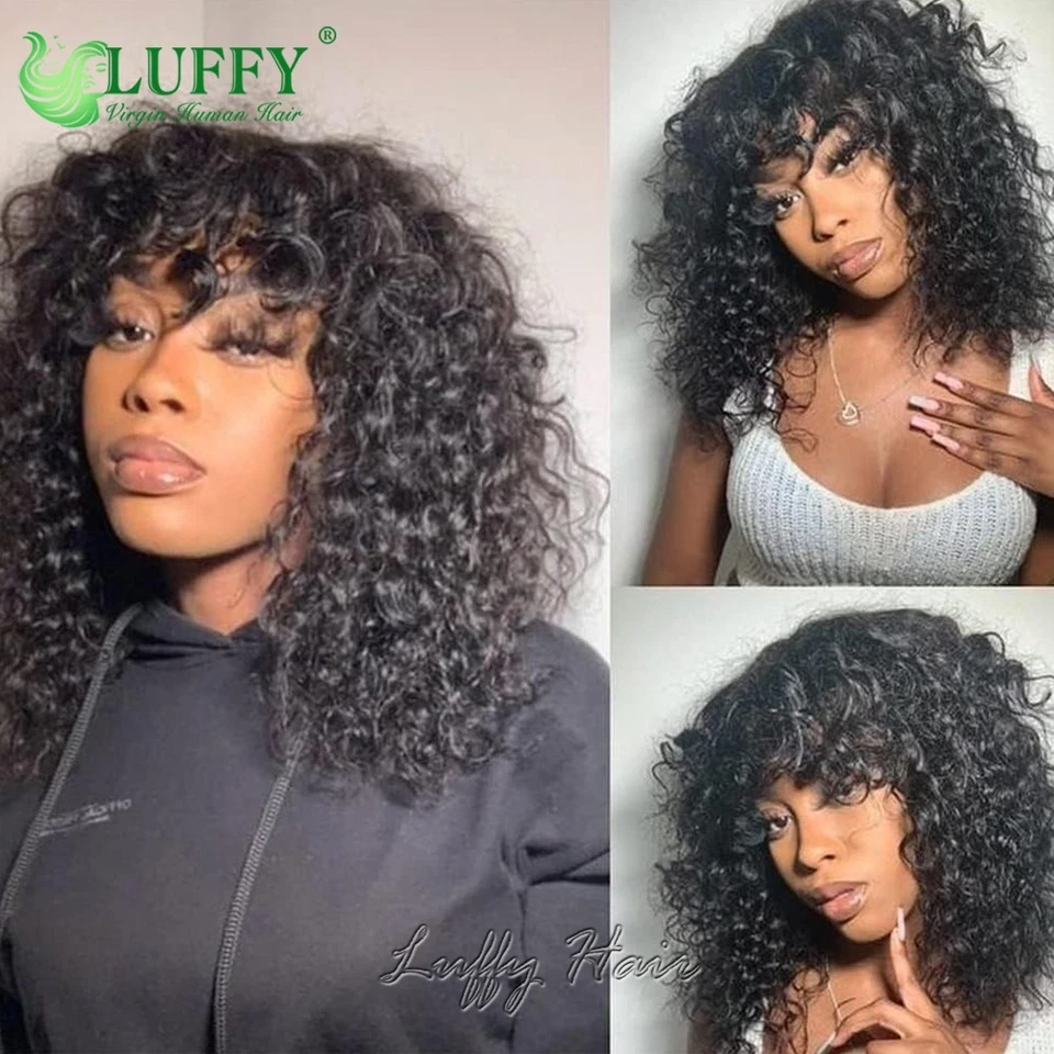 Pelucas cortas de cabello humano rizado con flequillo base cuero cabelludo superior pelucas completas hechas a máquina Foto 2 de 4