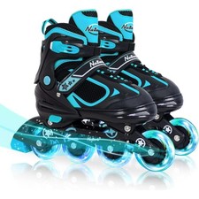 MonSports Adj. Inline Skates Kids Black/Blue Blade Roller Skates Light-up Wheels