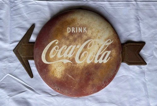 Weathered Vintage 16" Round Button Metal Drink Coca-Cola Sign with 24" Arrow