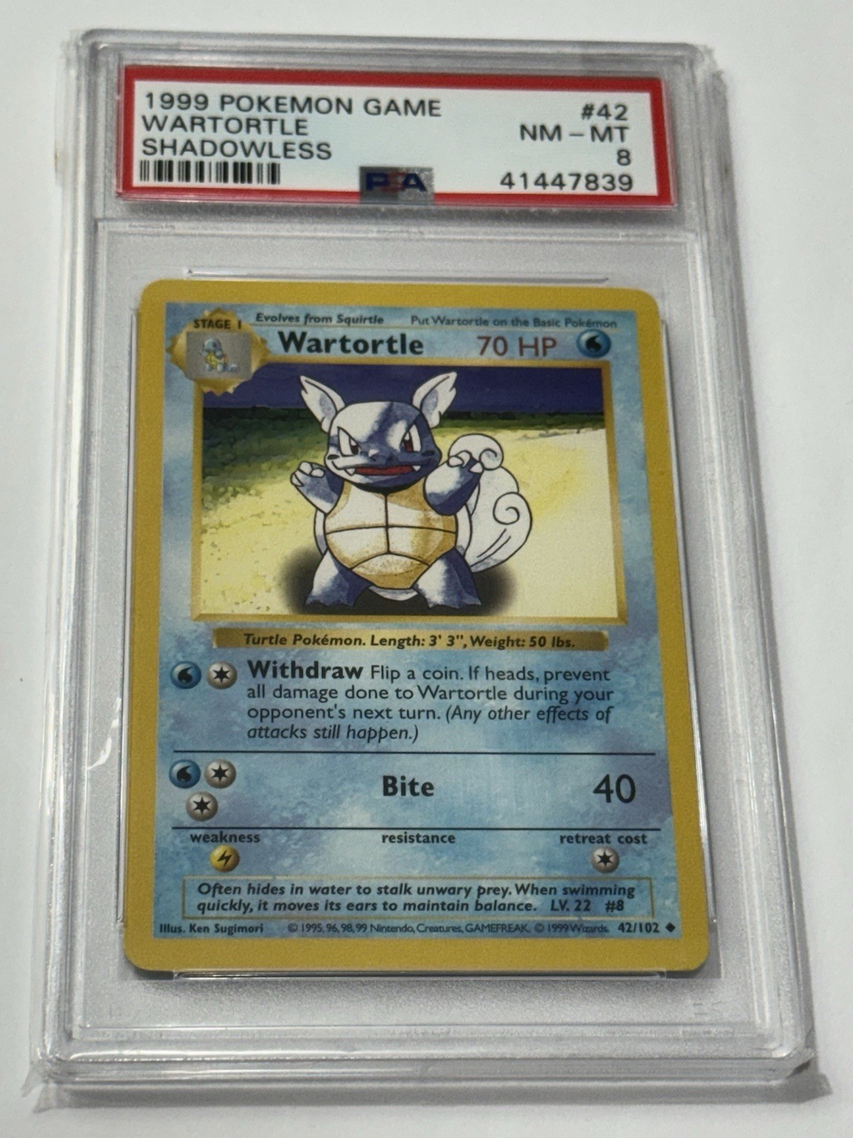 1999 Pokemon Game Shadowless Wartortle #42 Card WOTC TCG NM MT Near Mint PSA 8