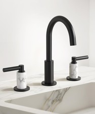 Natural Italian Carrara Marble Matte Black Bathroom Faucet 3 Hole with All Me...