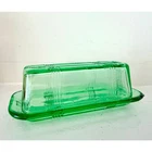 Hazel Atlas Green Depression Glass Butter Dish 1930s Crisscross Uranium Glass