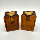 Vintage Pair of Blenko Ice Amber 2-5/8" Square Glass Candle Stick Holders