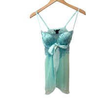 Victorias Secret Aqua Blue Sheer Lace Babydoll Lingerie Bow Size 34C Flirty
