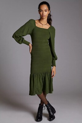 olive green dress anthropologie NWOT ANTHROPOLOGIE Smocked Puff-Sleeved Midi Dress Size L Colo Moss/Olive  Green