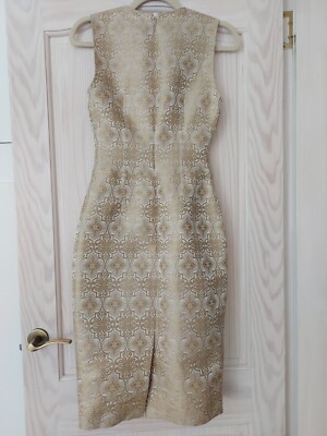 white and gold jacquard dress Metallic Rosette Cocktail Midi Dress in Ivory Gold Rosette
