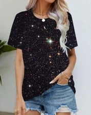 Blusa Camiseta Mujer Negro Estrellas Cielo Gráfico Moda Manga Corta Suave Sedosa