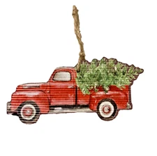 Red Truck with Christmas Tree Ornament Chunky Farmhouse Rustic Lodge Country 6"