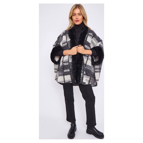 Taupe Faux Fur Front Opening Check Cape - Picture 12 of 14