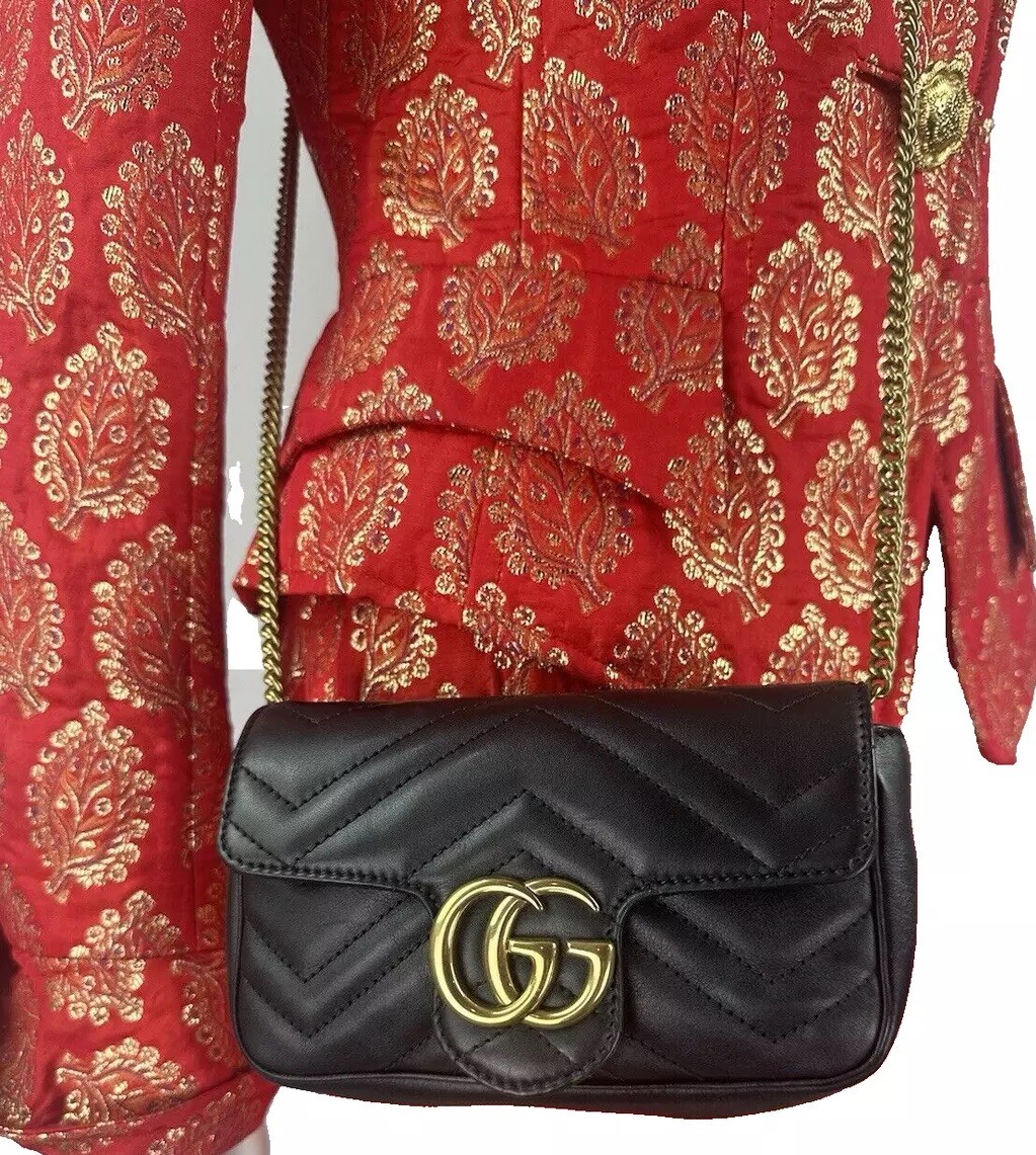 Gucci $1,400 Auth Black Leather GG Marmont Super Mini Bag Purse Chain Crossbody