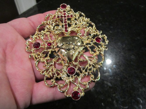MASSIVE RELIGIOUS CROSS PENDANT RED CRYSTALS 5" X 4" - BBA38A - Picture 4 of 5