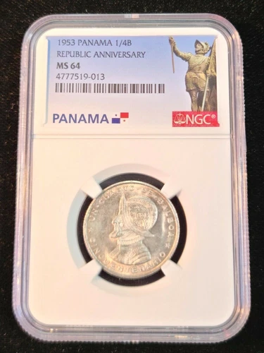 1953 PANAMA SILVER 1/4 BALBOA VASCO NUNEZ DE BALBOA NGC MS 64 GREAT BU LUSTER