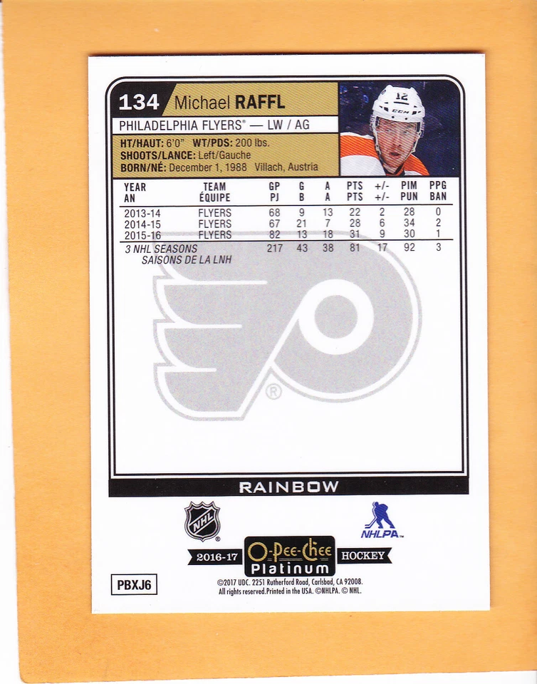 MICHAEL RAFFL #134 2016 17 O PEE CHEE PLATINUM RAINBOW PHILADELPHIA FLYER NM-MT  - Image 2 of 2