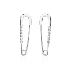 Sterling Silver Bezel CZ Beaded Paper Clip Safety Pin Hoop Drop Cuff Earrings