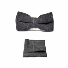Luxury Herringbone Charcoal Grey Tweed Men's Bow Tie Pocket Square Set