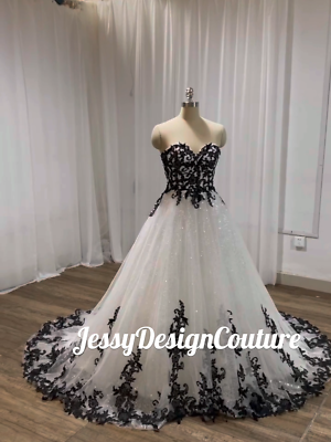 Unique Gothic Lace Wedding Dress Bridal dress Black White Sequin