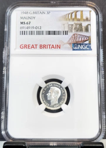 1948 GREAT BRITAIN 3 PENCE GEORGE VI MAUNDY NGC MS 67 EXTREMELY RARE TOP POP 1