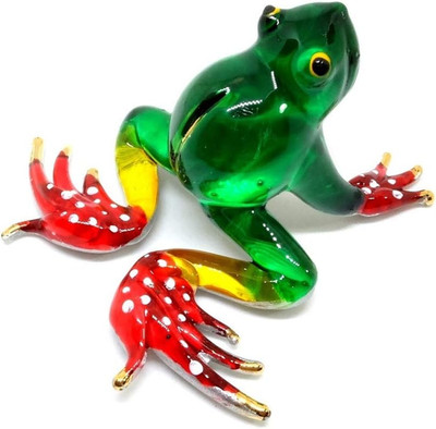 Handmade Mini 2'' Cute Green Frog Figures Blown Glass Art, Miniature Animals, Fan