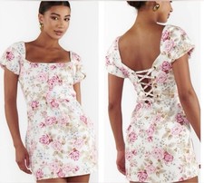 Show Me Your Mumu London Lace Up Denim Dress in Spring Floral Sz Small/NWT