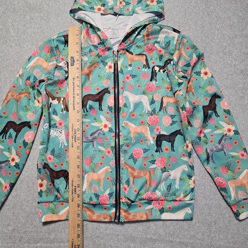 Girls Colored Horse Print Zip Up Hoodie Floral Teal Youth L Equestrian Casual - Picture 4 of 12
