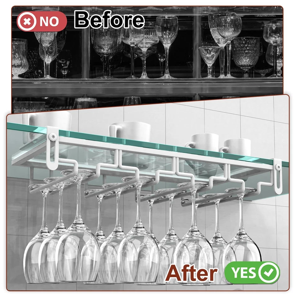 Estante ajustable para copas de vino de 2 piezas debajo del gabinete, 4 filas de vajilla sin perforaciones ganar... Foto 4 de 4