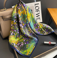 100 Mulberry Silk Shawl green flower Print Scarf Bandanna Square 65X65cm Wrap