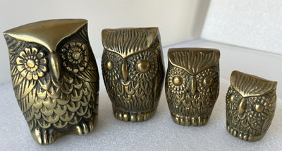 Vintage~ Leonard Silver MFG. Co. ~Solid Brass Owl Figure Set of 4 ~Made In Korea