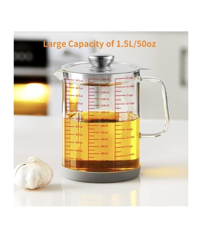 Contenedor de grasa de tocino de vidrio con colador lata de almacenamiento de aceite de cocina con relleno 50 oz - Imagen 7 de 11