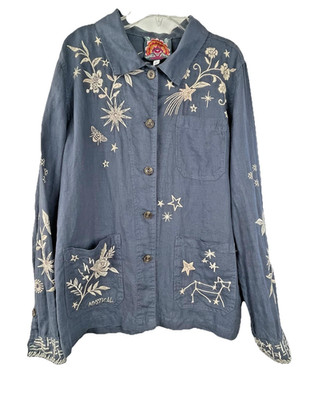Johnny Was Los Angeles Womens S Mia Mystical Embroidered Blue Linen Shirt Jacket