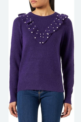 ICHI Iholene Purple Pearl Ruffle Soft Plush Sweater XS Extra Small NEW