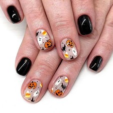 Acenail Short Square Press on Nails Black Ghost Fake Nails French Nail Tips with