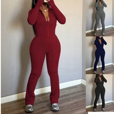 Women's 2pcs Sets Long Sleeve Zip Up Crop Tops Flare Pants Oufit Jogger Clothing