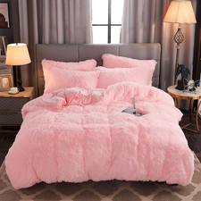 Faux Fur Duvet Cover Twin Bedding Set, Pink Velvety Comforter with Pillowcase
