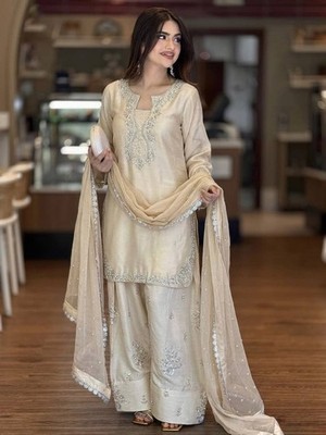Beautiful Roman Glass Silk Cream Salwar Kameez With Dupatta For Party Wear