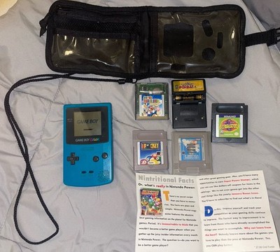 Nintendo Gameboy Color 1998 Teal Blue Tested Working w Games, Case, Super Mario
