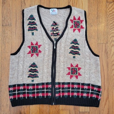 Nutcracker Christmas Vest L Holiday Sweater Knit Zip Up Trees Stars Layering