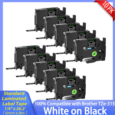 10x TZe-315 TZE 315 White on Black 6mm Label Tape Fit For Brother PT-E100