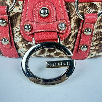 M*U様 guess ハンドバッグ y2k GUESS Mini Boston Satchel Bag Red Leopard Print Animal Gold G Logo