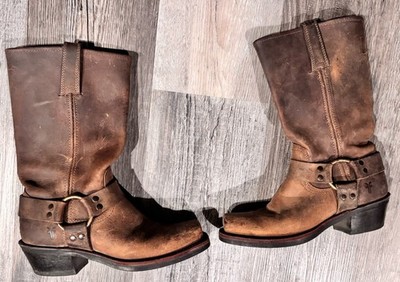 Frye Brown Leather Square Toe Harness Boots 77300-3 Distressed Womens Sz 6.5 M