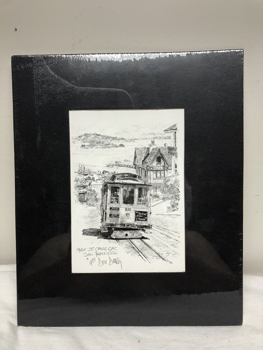 Vintage Art Drawing Print San Francisco Bay CA. Cable Car Golden