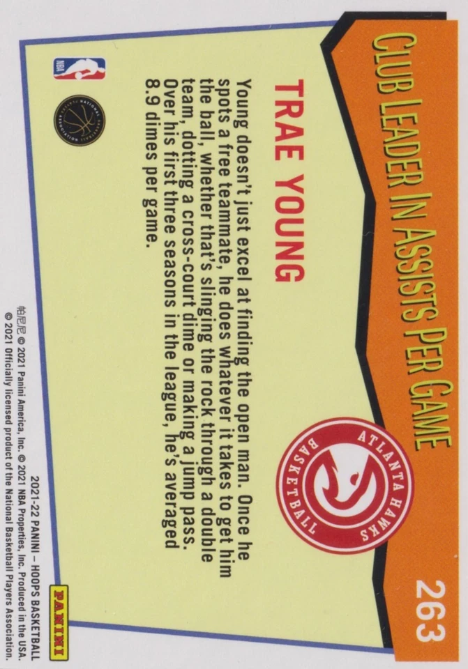 Trae Young 2021-22 Panini NBA Hoops Club Leaders in Assists Per Game #263 - Image 2 of 2