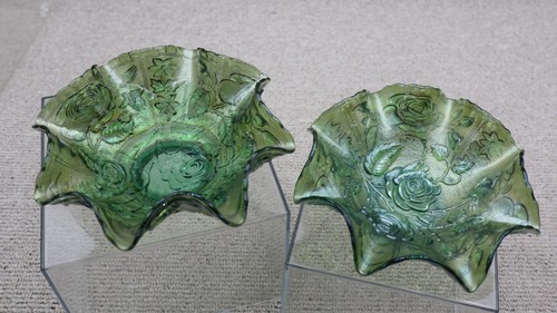 2 Imperial Glass Open Rose Green Carnival Glass Dish - Picture 5 of 16