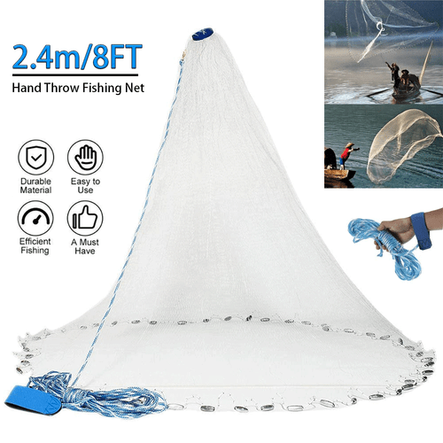 8FT Fishing Cast Net Bait Easy Throw Hand Cast Strong Nylon Mesh 3/8in Mesh Size