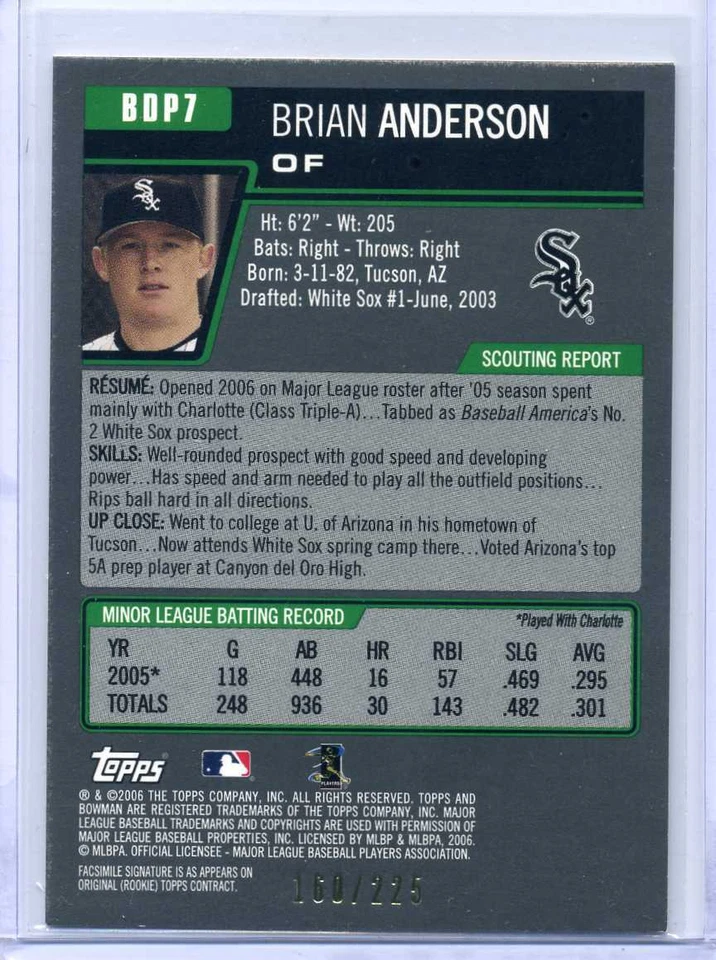 Brian Anderson 2006 Bowman Draft WHITE BORDER #160/225 - WHITE SOX - Image 2 of 2