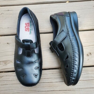 SAS Roamer Black Leather Slip On Moccasin Loafer Comfort Granny Shoes Flats 8.5