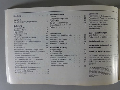 Manual De Instrucciones VW Golf 1/I 1,1L 50CV / 1,6L 75CV Estado 08/1975 - Imagen 2 de 4