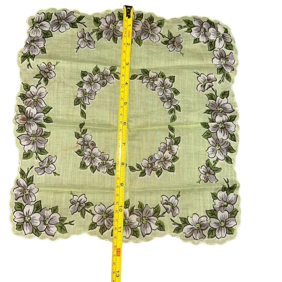 Pañuelo vintage verde gris lino floral borde festoneado pañuelo 11,5" LEER Foto 3 de 4