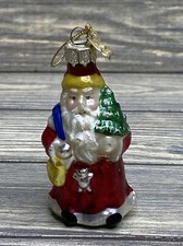Vintage Christmas Ornament Glass Santa Red Robe Blue Toy Bag Tree Bag 3.5  A2
